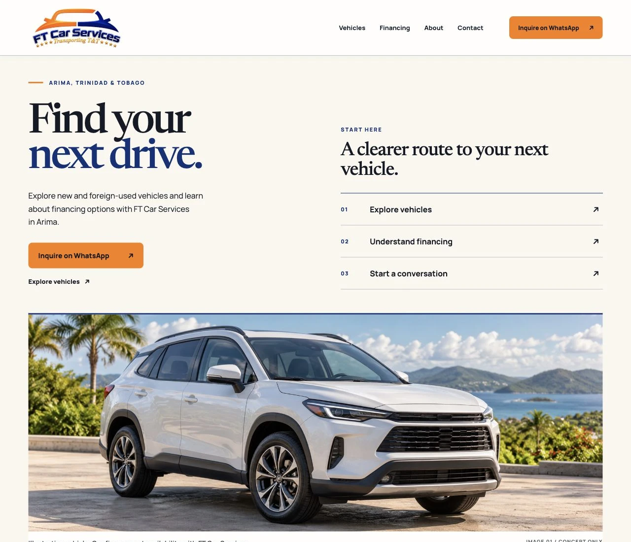 Actual FT Car Services concept homepage with its logo, Find your next drive headline and vehicle presentation