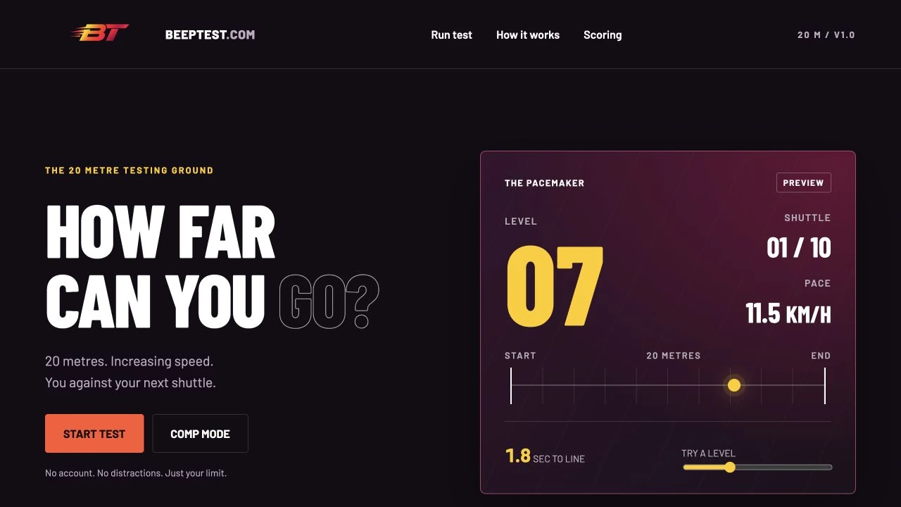 BeepTest application showing the fitness test introduction and interactive pacemaker preview