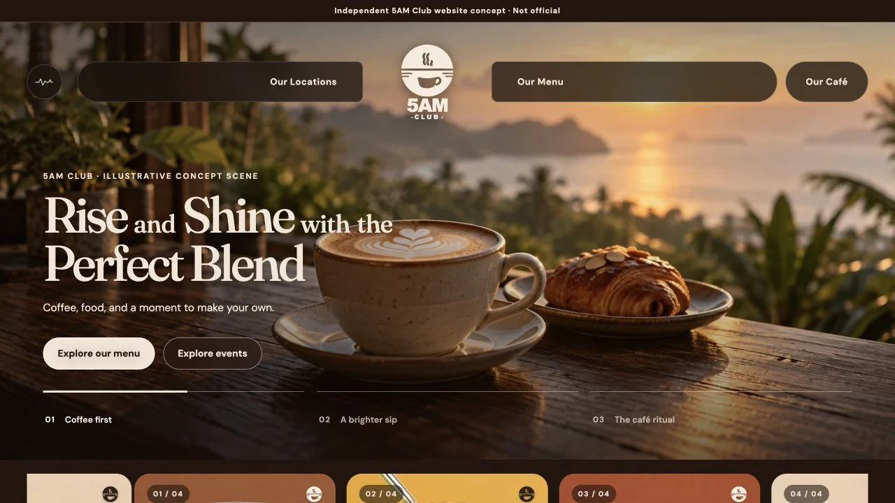 Actual 5AM Club Café concept homepage
