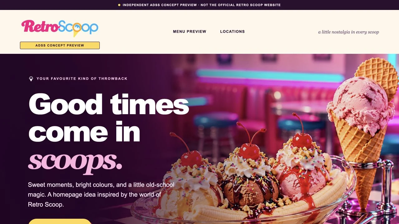Actual Retro Scoop concept homepage