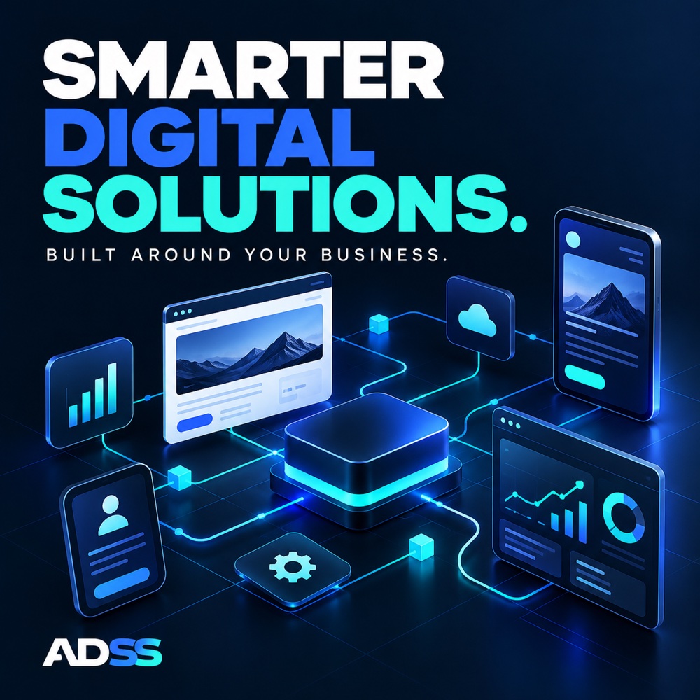 ADSS brand illustration of connected website, mobile, automation and analytics tools